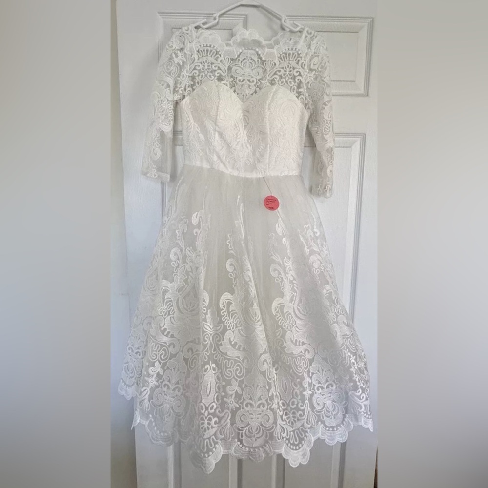 Chi Chi London 3/4 Sleeve Lace Embroidered Crinoline Mid Length White Dress UK 6